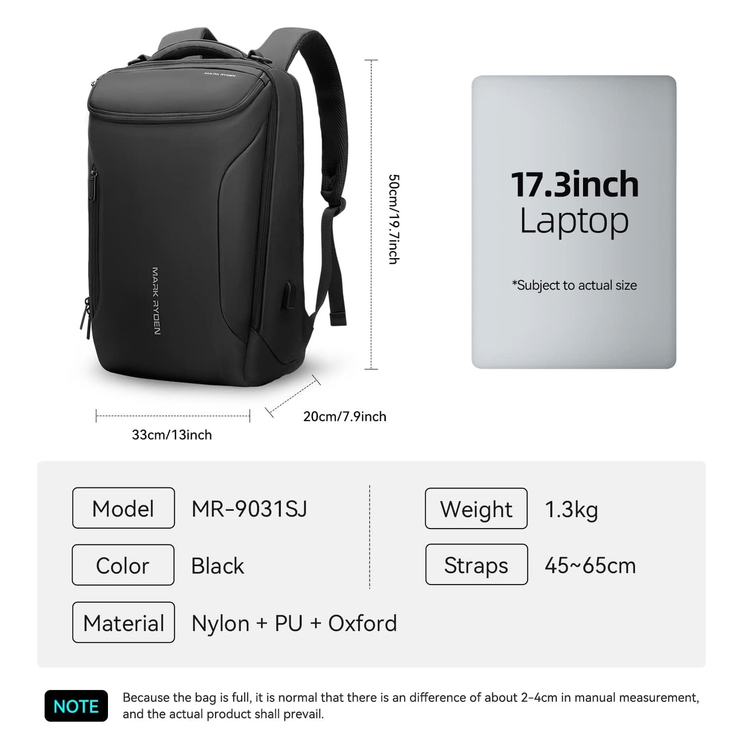 MARK RYDEN Business Backpack for Men, 17.3 Inch Tech Waterproof Laptop Backpack with USB Charging Port, Professional Work Backpack for Travel, Office, College, Commuting, Hiking