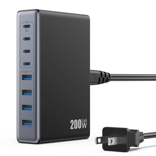 200W USB C Charger Block,GaN III USB Charging Station 8 Ports,QC4.0 Fast Charging Station Hub+PD 65W USB C Laptop Charger Adapter Compatible with MacBook Pro,DELL,iPhone 16/15,iPad,Steam Deck-Black