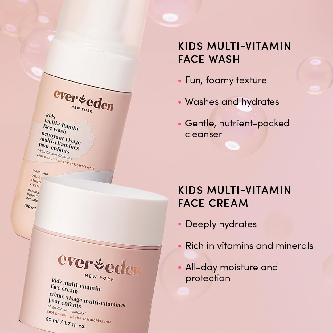 Evereden Kids Happy Face Duo (Cool Peach) - Multi-Vitamin Kids Face Wash & Cream Set - Clean, Vegan Skin Care for 3+ - Moisturizing, Nourishing, Protective