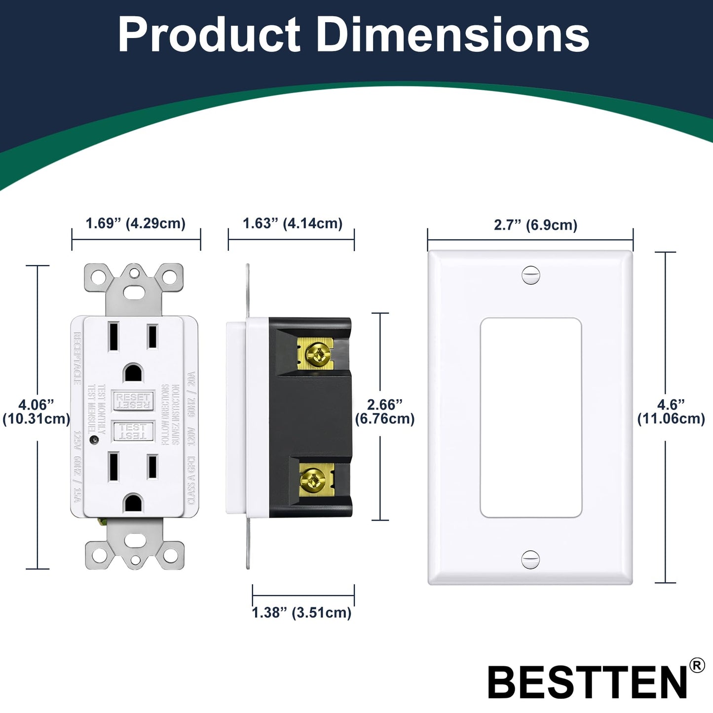 BESTTEN GFCI Outlet 15 Amp, GFI Receptacle Outlet with LED Indicator, Ground Fault Circuit Interrupter, Non-Tamper-Resistant, Wallplate Included, ETL Certified, 10 Pack, White