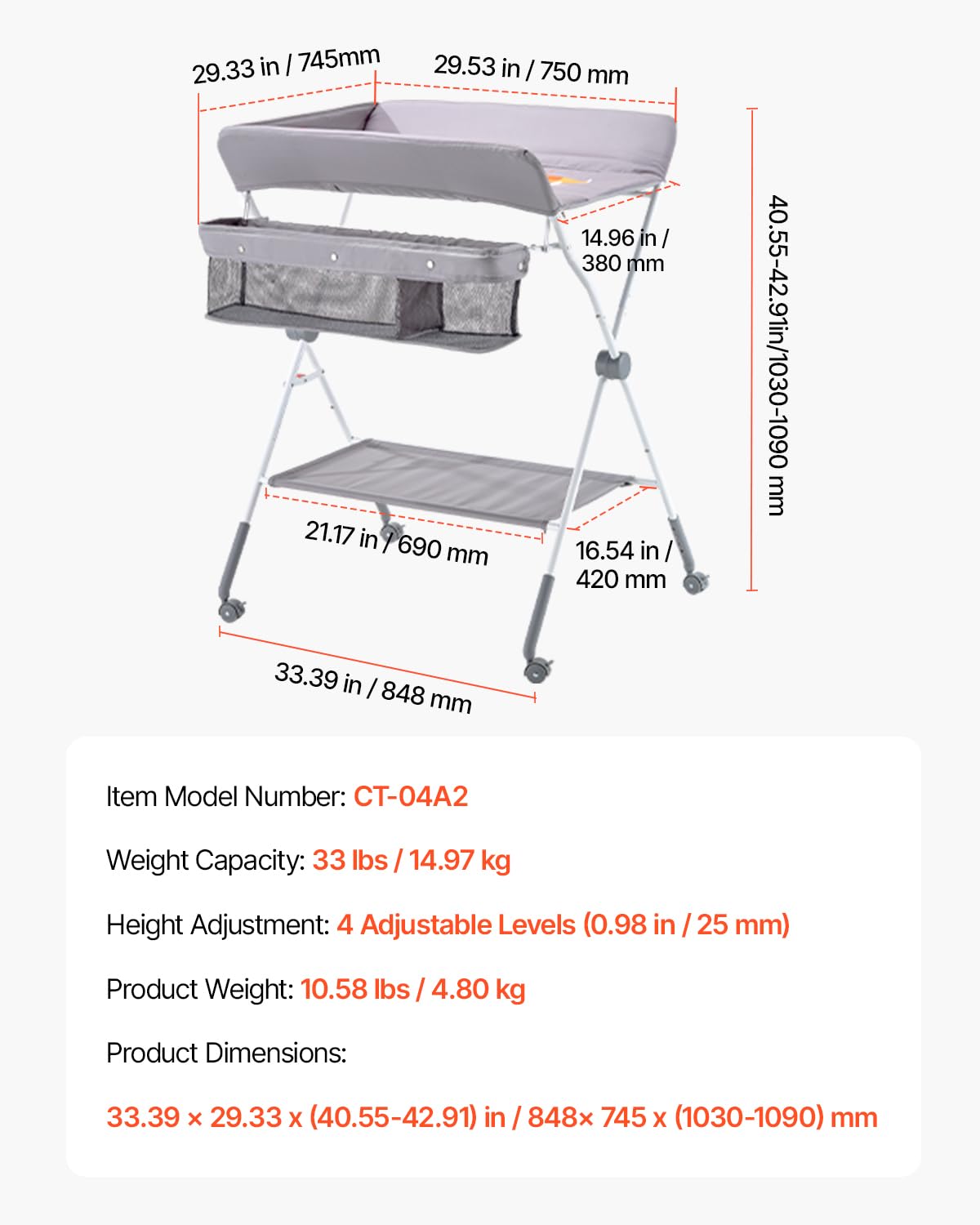 VEVOR Baby Changing Table, Foldable Diaper Change Station with Side Basket, Adjustable Height Changing Table with Lockable Wheels, Multi-Functional Nursery Storage Organizer, Gray