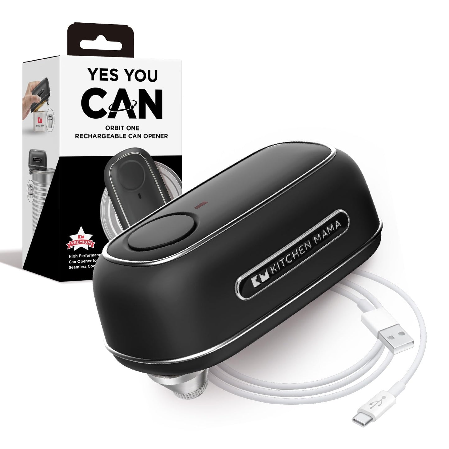 Kitchen Mama Orbit One Rechargeable Electric Can Opener: Hands-free, USB-C Charging, Automatic Stop, Smooth Edge, Safety, Blade for Large Cans, Heavy Duty, Soda and Pop Can, with Storage Box (Black)