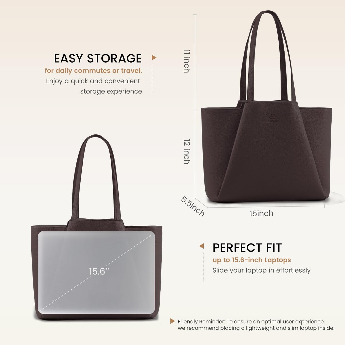 LOVEVOOK Laptop Tote Bag for Women - 15.6 Inch Faux Leather Work Tote Bag For women with Clutch, Large Capacity Office Purse for Casual Business Travel, Coffee