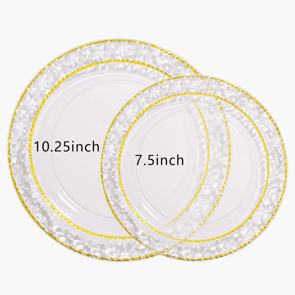 Nervure 102PCS Gold Plastic Plates - Disposable Clear Gold Party Plates Include 51PCS 10.25inch Dinner Plate & 51PCS 7.5inch Dessert Plate Perfect for Wedding & Party & Thanksgiving