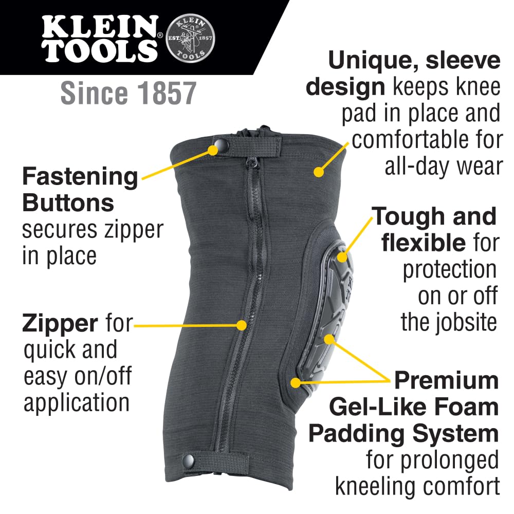 Klein Tools 60629 Tough-Flex Knee Sleeves for Work, Construction, Low-Profile Sleeve with Zipper, Gel-Like Foam, Black, M/L