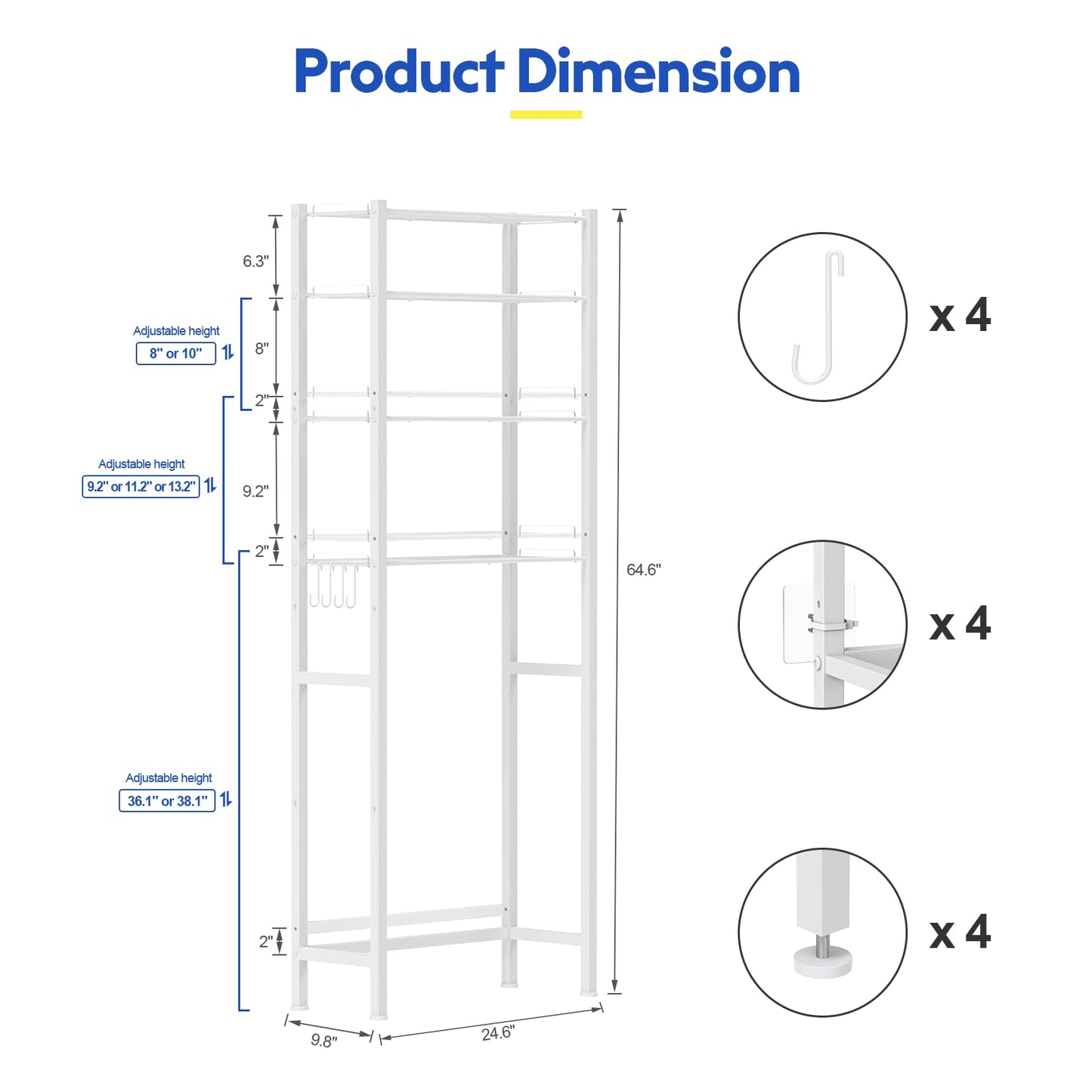 samstar 4 Tier Over The Toilet Storage Rack, Bathroom Organizer Shelves Cabinet Above Toilet, with Adjustable Height Freestanding Shelf Space Saver, White