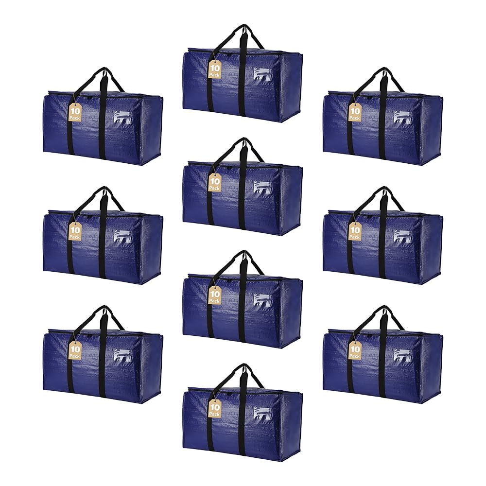 Cryster 10-Pack Blue Moving Bags with Strong Zippers,Heavy Duty Storage Totes With Comfortable Handles,Large Storage Totes for Student Supplies