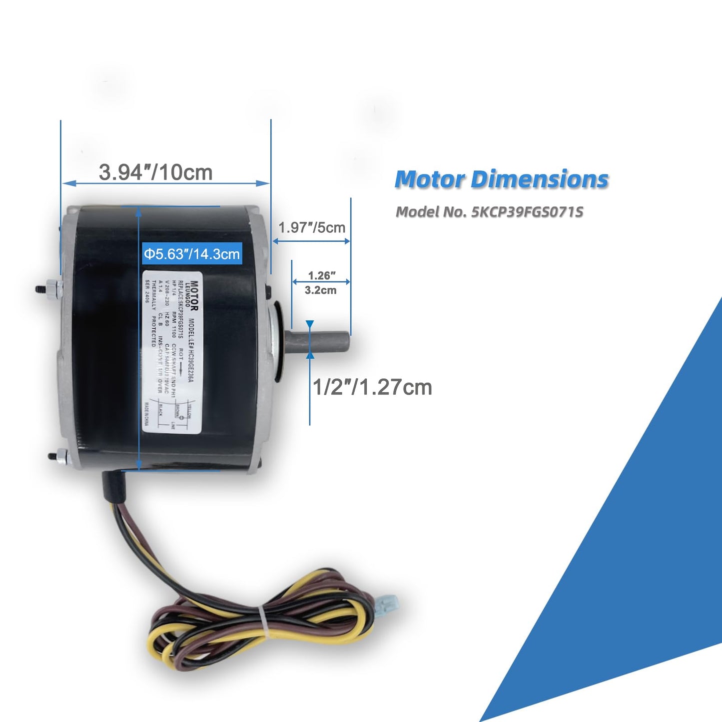 5KCP39FGS071S Fan Motor Replaces GE genteq Carrier 3905 5KCP39BGS071S 1/4HP 208-230V 1100RPM Upgraded LEUNGOO