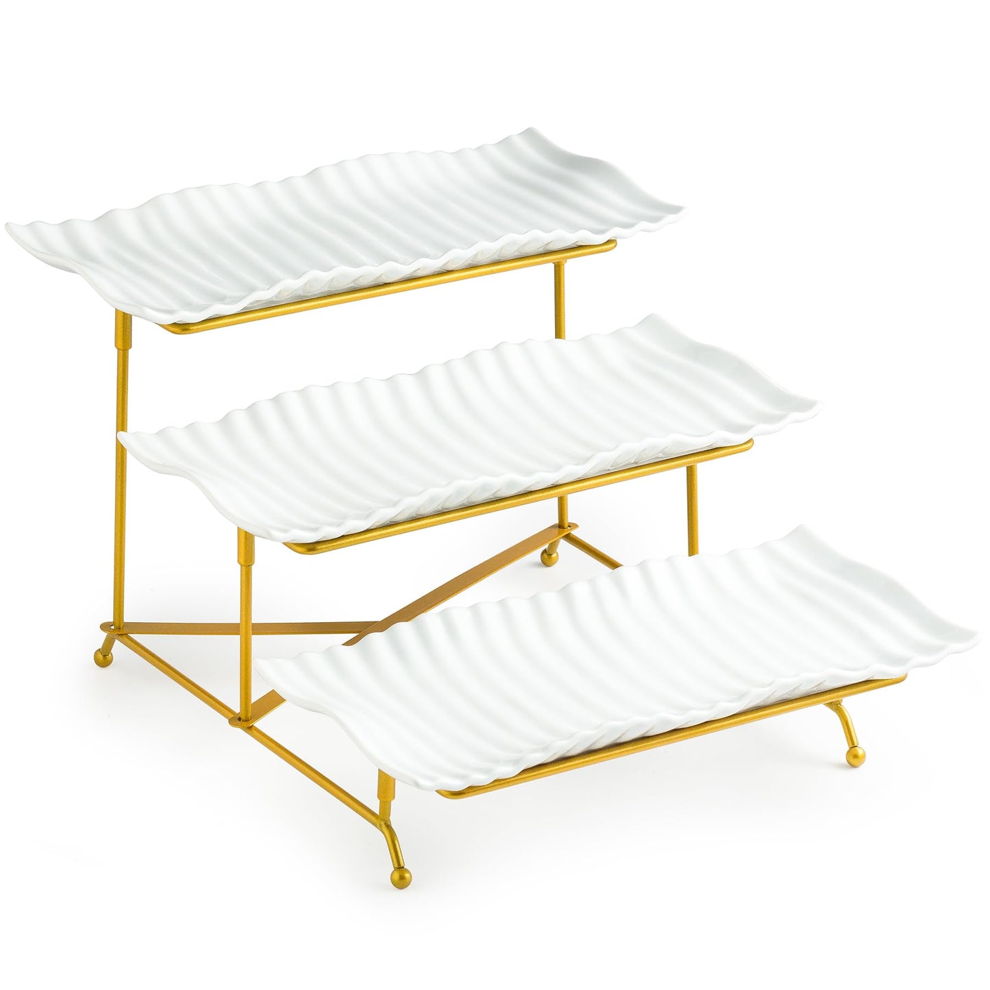 LAUCHUH 3 Tier Trays Stand, Porcelain Serving Trays Collapsible Sturdier Stand Serving Platters Dessert Table Display Set for Indoor Father's Day Party, Entertaining, Gold, 12.2 Inch