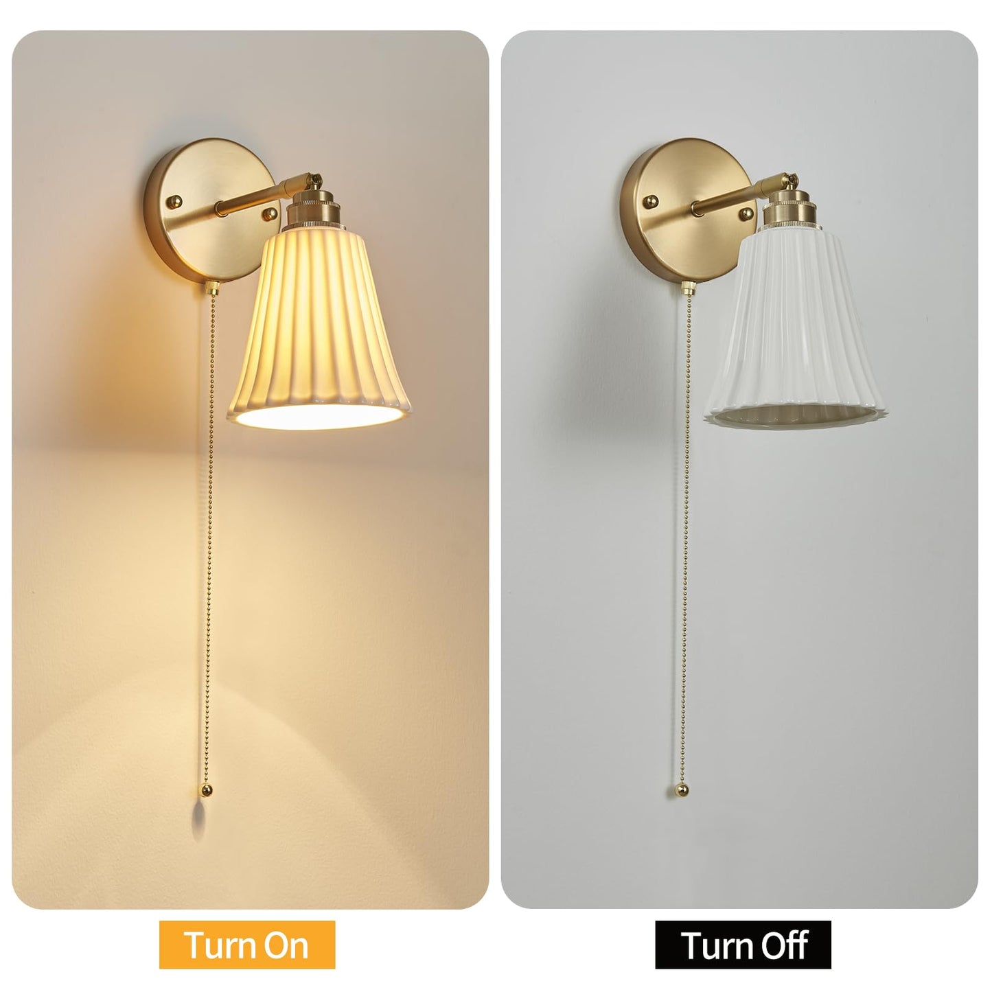 2-Pack Modern Gold Ceramic Hardwired Wall Sconces with Pull Chain Switch & Adjustable Arms – Indoor Wall Light Fixtures for Living Room, Bedroom, Kitchen & Home Office