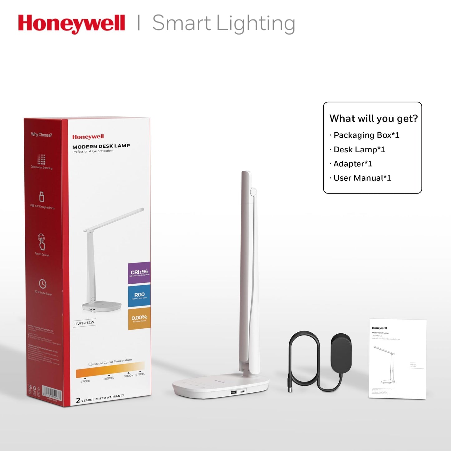 Honeywell HWT-H2 LED Desk Lamp for Home Office, CRI94 Full Spectrum Eye-Caring Light, Dimmable Table Lamp with USB-A & USB-C Charging Ports, Foldable Touch Control Reading Lamp, White