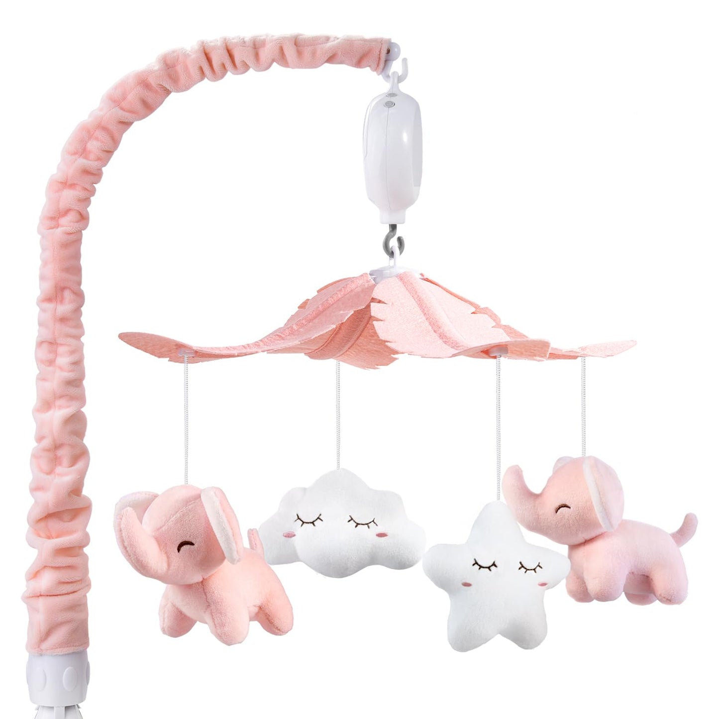 FEISIKE Mobile for Crib Bassinet Girls Baby Mobiles with 3 Modes Digital Music Box（Turn Only, Music Only, Turn & Music, 35 Lullabies, Pink Elephant Nursery Mobile, Clamp Type, Pretty Box Packaging