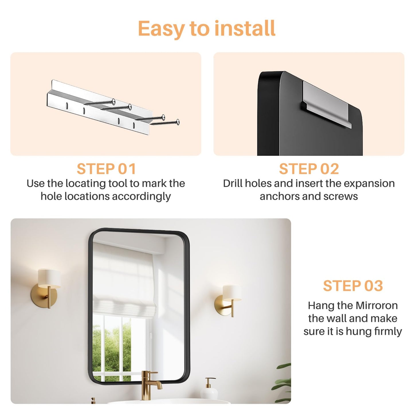 Bathroom Mirror for Wall, 30x22 Inch Rounded Rectangle Mirror, Black Metal Framed Bathroom Vanity Mirror for Restroom Farmhouse, Anti-Rust, Tempered Glass, Horizontally or Vertically Hanging