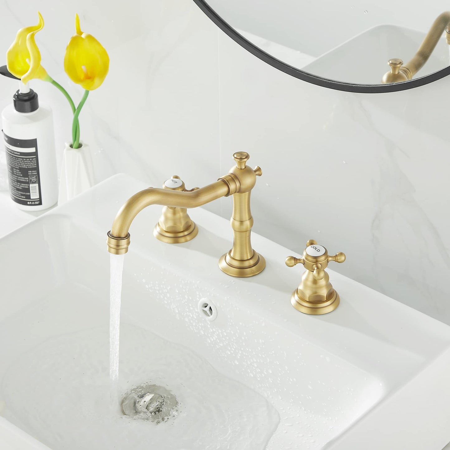 GGStudy 2 Handles 3 Holes Faucet Widespread Bathroom Sink Faucet Antique Brass Basin Tap Mixer Supply Hose Included Matching Metal Pop Up Drain