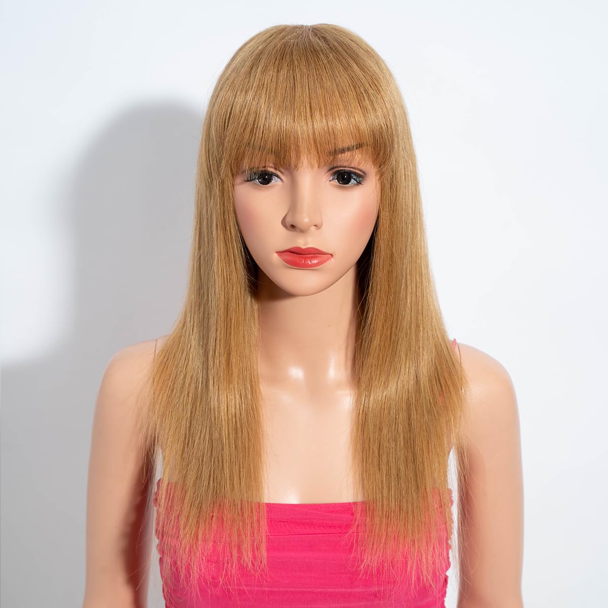 Rebecca Fashion 16 Inch Honey Blonde Straight Wigs with Bangs Human Hair Wigs for Black Women None Lace Front Wigs 10A Brazilian Virgin Hair Glueless Machine Made Wig