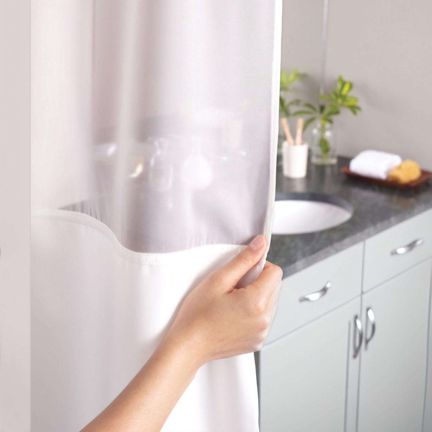 Hookless It’s A Snap! Waffle Shower Curtain, 3-in-1 Curtain Includes Fabric Shower Curtain with Sheer Top Window, Flex-On Rings & Fabric Liner with Magnets, 71” x 74”, White