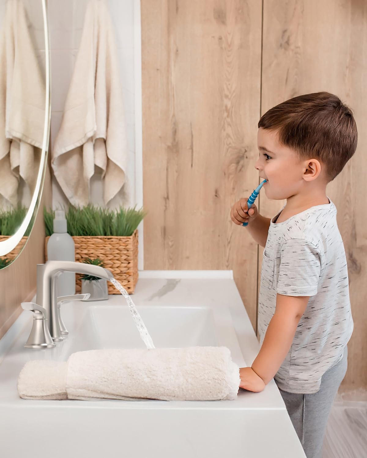 Fapully Brushed Nickel Bathroom Faucet 3 Hole, Waterfall 8 Inch Widespread Bathroom Sink Faucet with Pop-up Drain, Two-Handle Faucet for Bathroom Sink