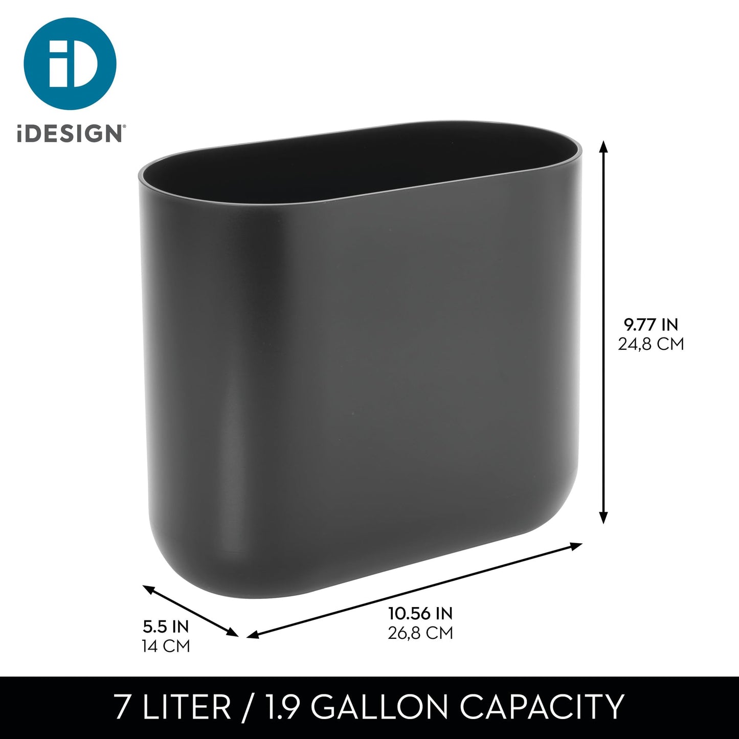 iDesign Small Slim Plastic Bathroom Trash Can, Garbage Can for Bedroom, Office, Desk, Dorm, 2-Pack, Gray