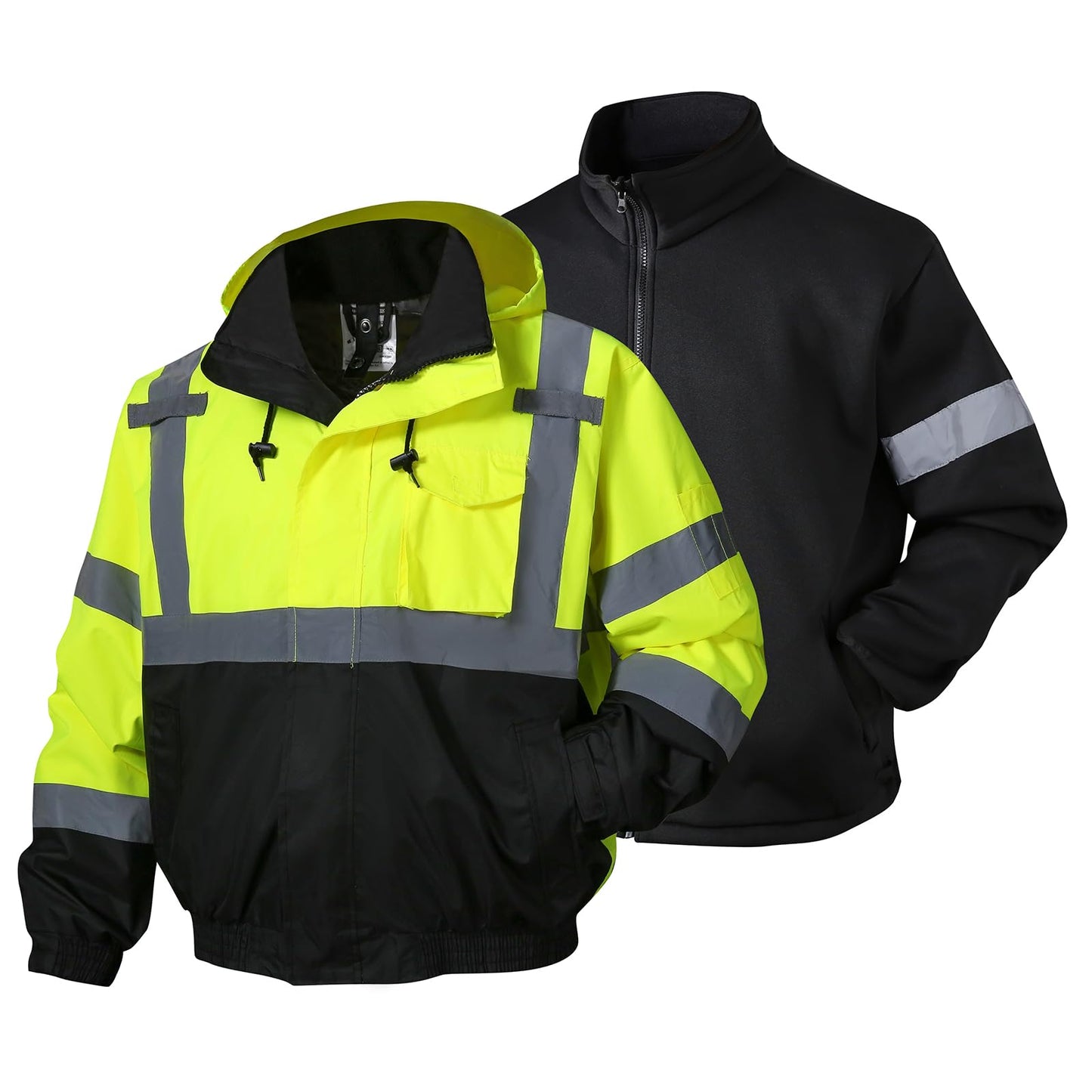 SKSAFETY 3-in-1 High Visibility Winter Bomber Jackets Zip Out Fleece Liner Reflective Safety Coats for men Waterproof ANSI/ISEA Class 3(Lime L)