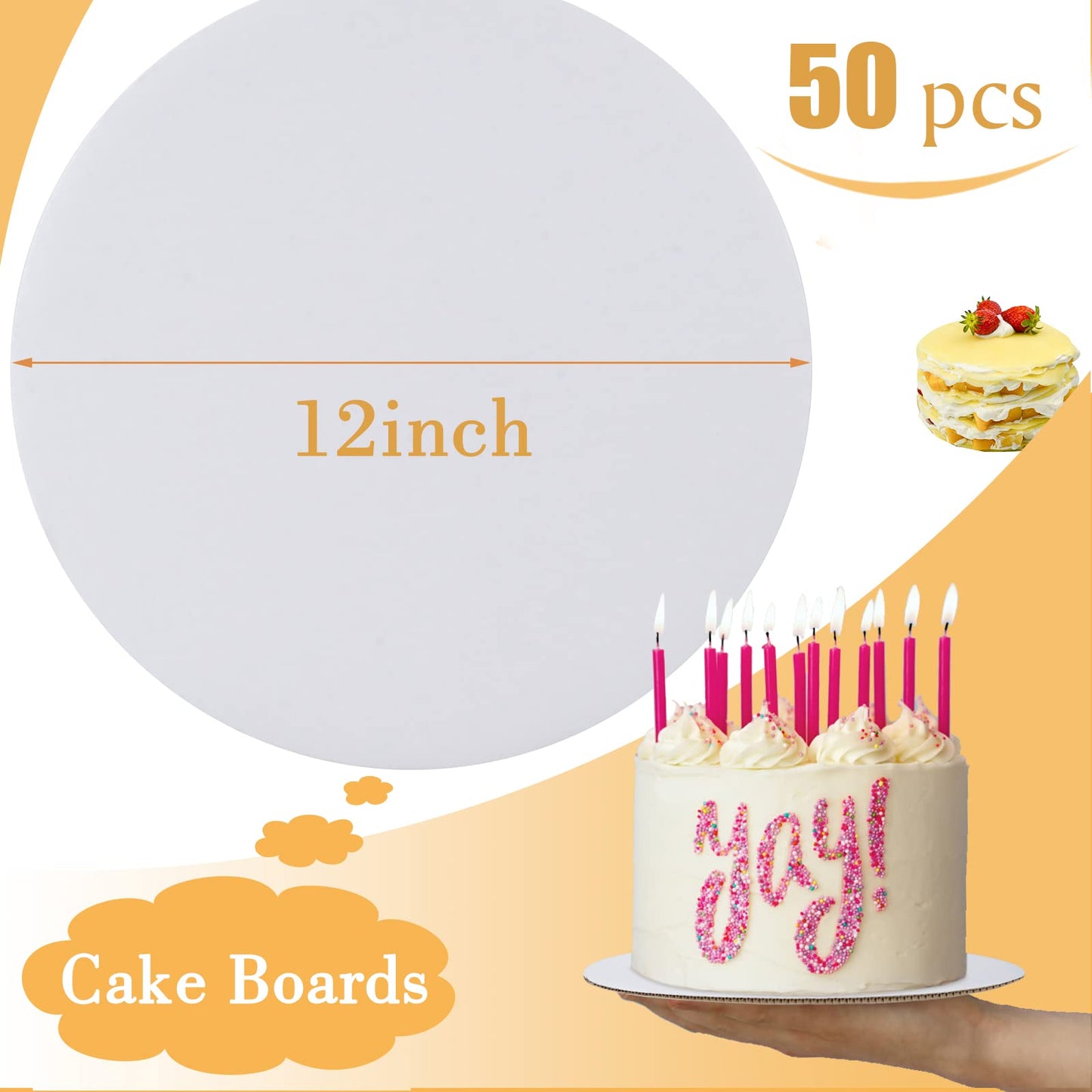 Sudaya Cake Boards 50 PCS, Cake Boards 12 Inch Round, Cardboard Cake Rounds, Disposable Cake Plates, Food Grade Cake Base Cake Tray Cake Circles, 12 Inch Cake Board White Cardboard Circles Round Base