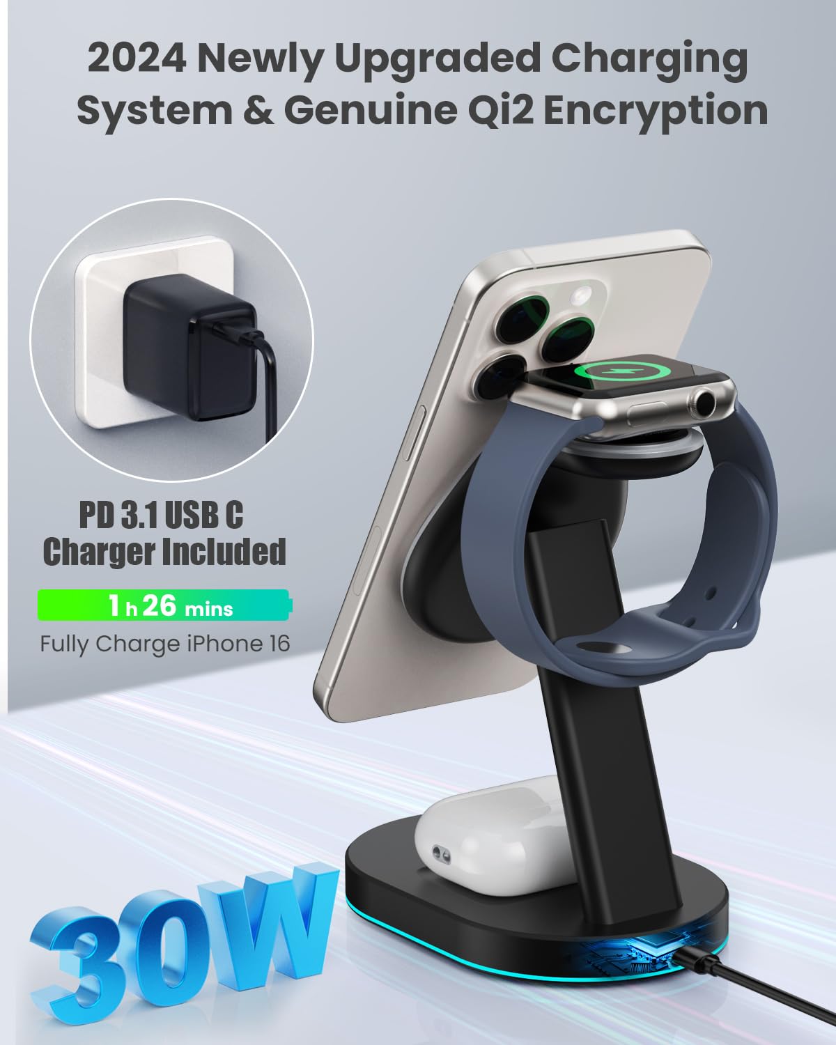 4 in 1 Wireless Charger Charging Station for iPhone,Qi2 Certified 15W Magnetic Charging Stand for Mag-Safe with 30W USB C Adapter&Friendly Night Light for iPhone 16/15/14/13/12,Apple Watch,AirPods