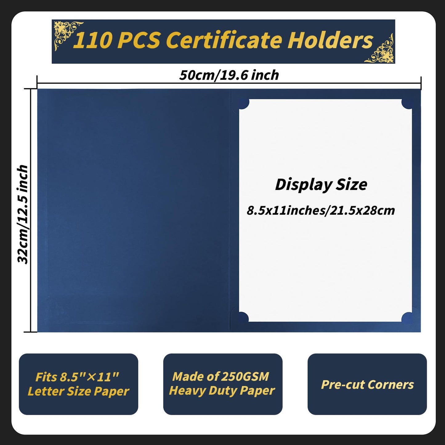 Oleitodh 110 Pcs Certificate Holders Bulk, Navy Blue Diploma Covers Gold Foil Border, Document Covers for Letter Size 8.5x11" Award Certificates, Cardstock, Document Papers, Graduation