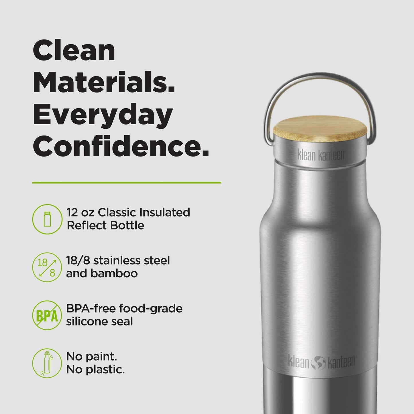 Klean Kanteen Rise Reflect Insulated Water Bottle - Reusable Water Bottle for Quick Hydration - Vacuum Insulation - Dishwasher-Safe - Bamboo Cap - Stainless Steel - 12 oz