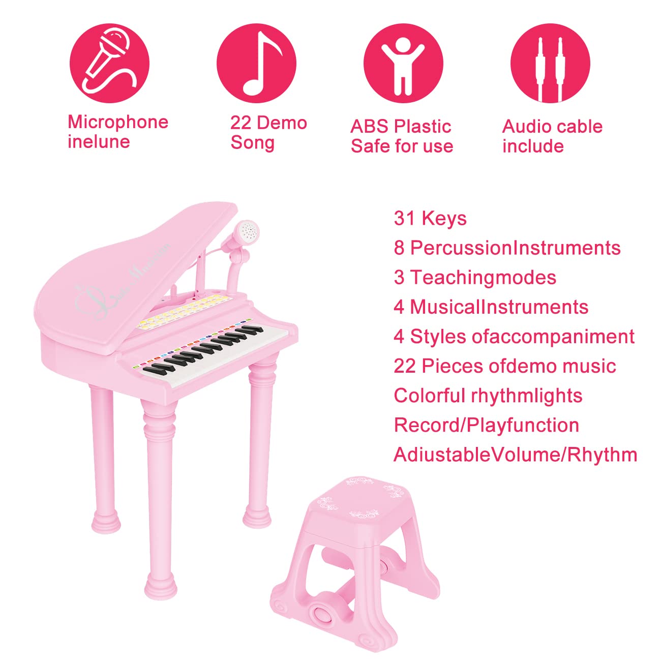 Kids Piano Keyboard Toy, Toddler Electronic Musical Instrument Educational Toy with Microphone, Multiple Sounds, Record Playback, Lights & Stool, Birthday Gift for 3 4 5 6 7 Years Old Girls