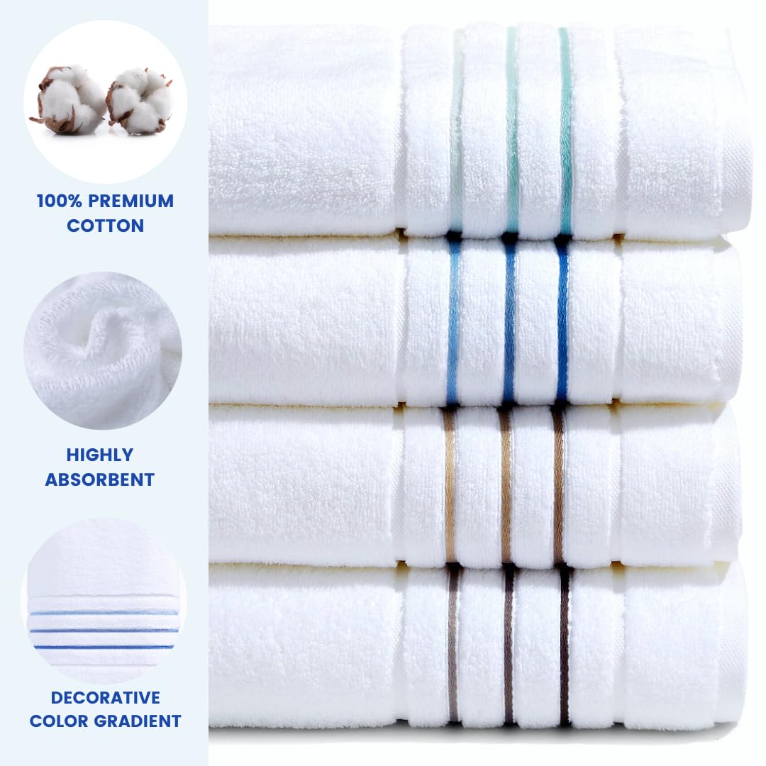 Bath Towels Set for Bathroom – Luxury 6-Piece Cotton Towels, Soft Absorbent & Quick Dry, 600 GSM Bath Towels for Bathroom, Hotel Spa Quality (2 Bath, 2 Hand, 2 Washcloths, White Taupe Brown Stripe)