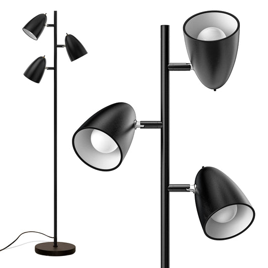 addlon Tree Floor Lamp with 3 Adjustable Rotating Lights and Matching LED Bulbs, Standing Tall Pole Lamps for Living Room, Bedroom, Home, Office - Black