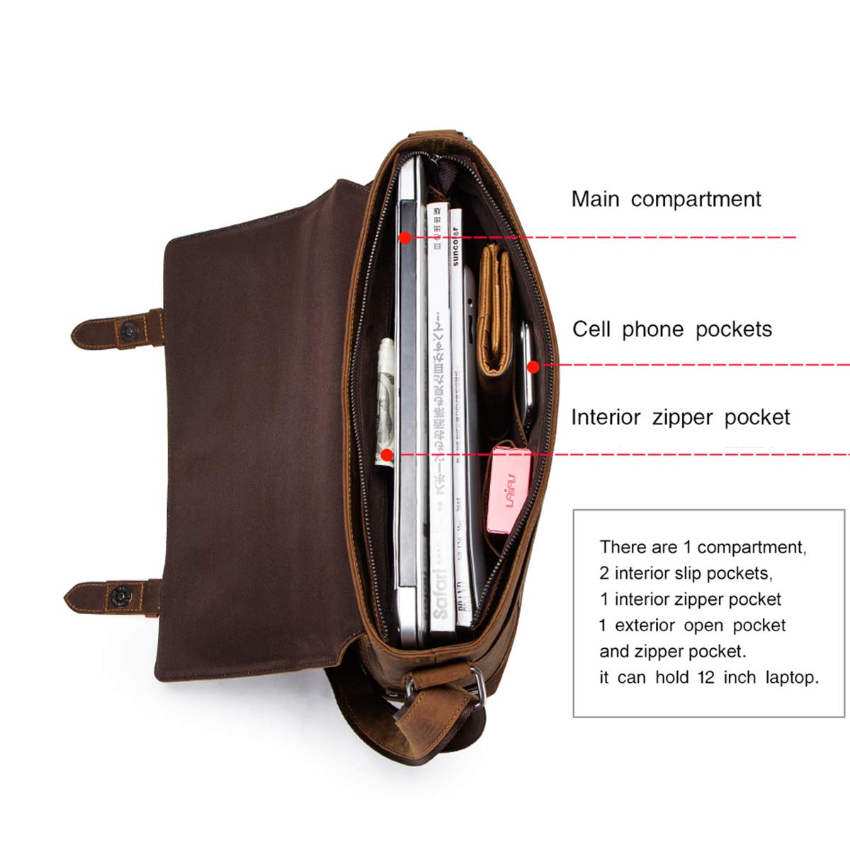 Contacts Crazy Horse Leather Messenger Bag for Men 12 Inch Laptop Briefcase Computer Shoulder Bag Travel Business (Brown)