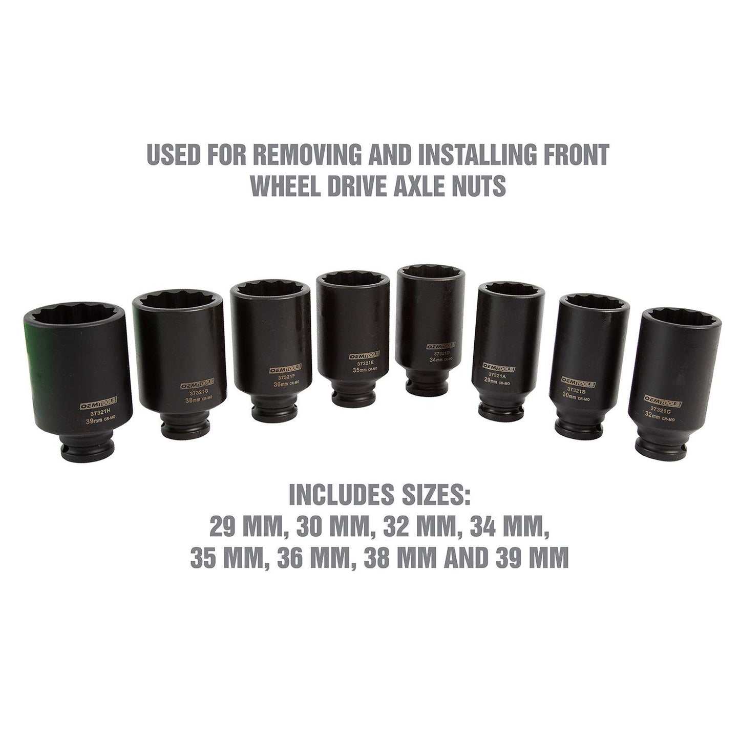 OEMTOOLS 37321 8 Piece 1/2 Inch Drive Axle Nut Socket Set, 12 Point Set, 29mm, 30mm, 32mm, 34mm, 35mm, 36mm, 38mm, and 39mm Socket Set with Case