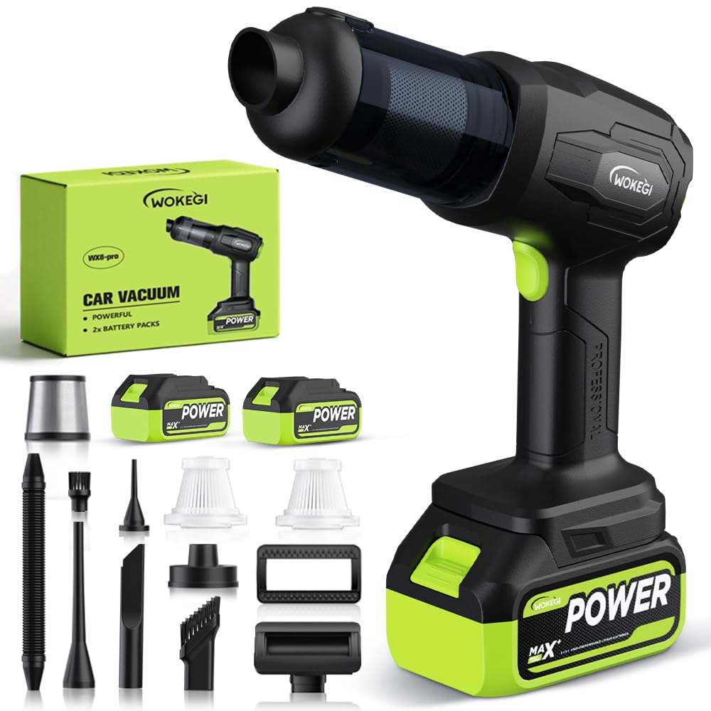 WOKEGI Cordless Car Vacuum Cleaner, 35000pa Powerful Handheld Vacuum & Air Duster with 2 Batteries, Portable Rechargeable Vacuum for Car Detailing, Pet Hair, Home & Office(Green)