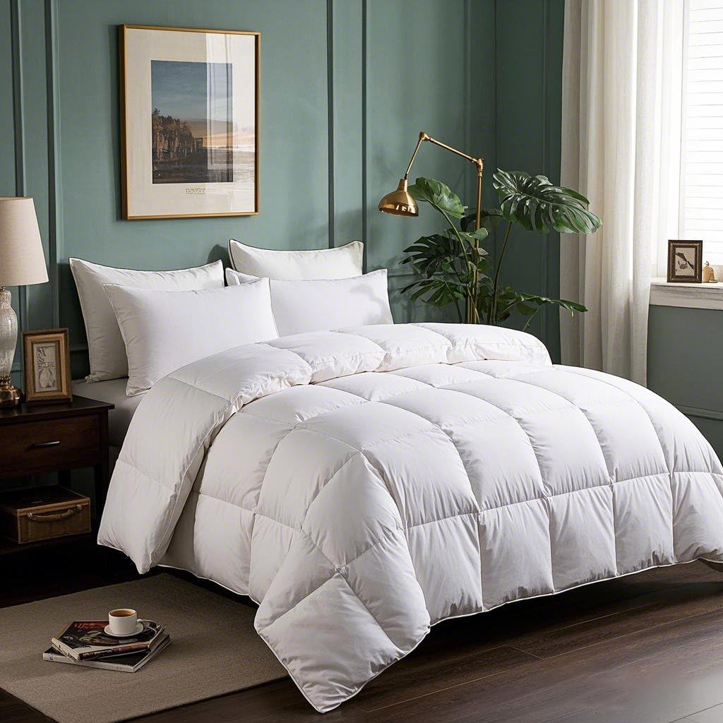 Serta Goose Feathers Down Fiber Comforter Queen Size Duvet Insert,100% Cotton Cover,Hotel Luxury Hypoallergenic Comforter 58oz All Season Medium Warmth 90 x 90 in White