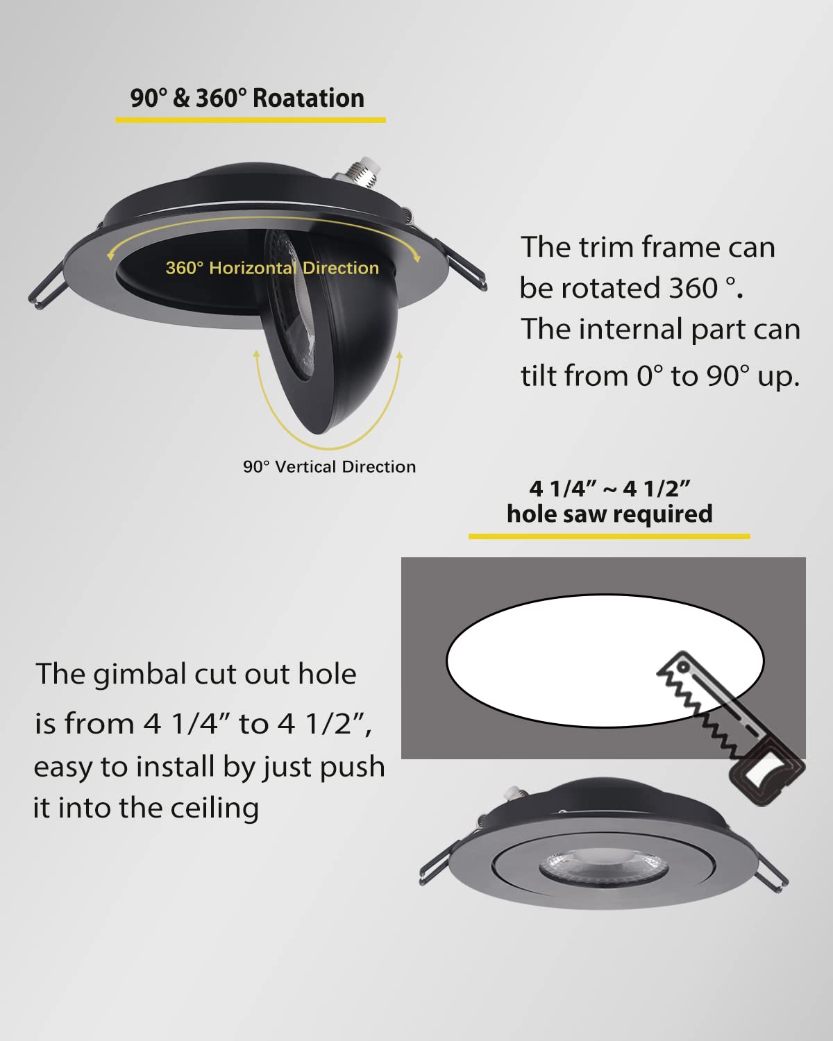 POPANU Gimbal LED Recessed Light - 4 Inch Black 9W 360° Rotation Directional Adjustable Eyeball Sloped Ceiling Recessed Lighting 4 inch Light Wafer Soffit Indoor Spotlight Canless Black 4 inch 6 Pack