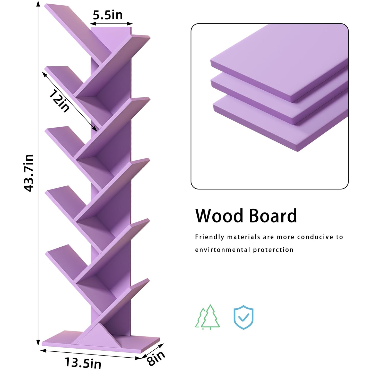10 Tier Tree Book Shelf, Floor Standing Wood Bookshelf for Narrow Space, Storage Organizer Bookshelves for Books/CDs/Magazine, Bookcase with Shelves for Home Office, Living Room-Dream Purple