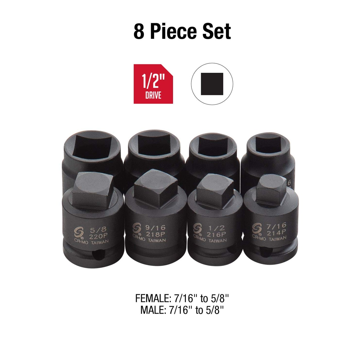 Sunex Tools 8-Piece CR-MO Steel Socket Set, 1/2-Inch Drive, Pipe Plug, Male/Female, SAE: 7/16'' to 5/8'', Heavy Duty Storage Case, Meets ANSI Standards, Model 2841
