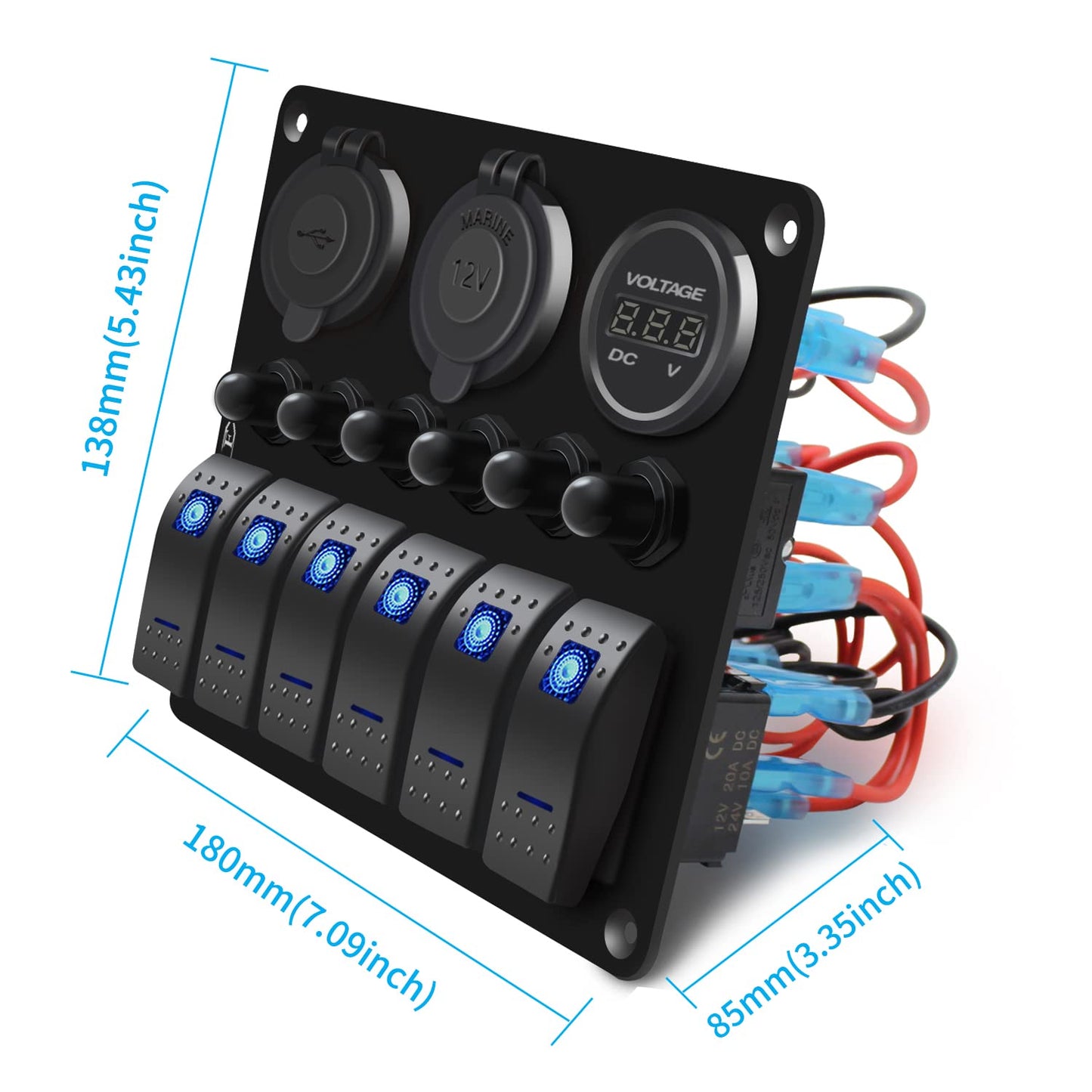 FXC Waterproof Marine Boat Blue Rocker Switch Panel 6 Gang with USB & Type-C Charger Slot Socket + Cigarette Lighter +LED Voltmeter with Overload Protection Circuit Breaker for Car Rv Vehicles Truck
