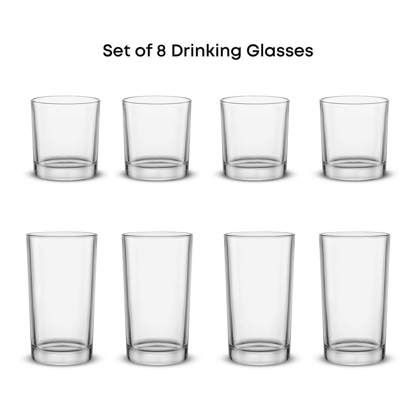 JoyJolt Alain Drinking Glasses Set of 8 Glass Tumblers. Highball 14oz Bar Glasses and Lowball 10oz Rocks Glasses Set. Cocktail, Juice, Whiskey Glasses or Water Glasses. Kitchen or Bar Glassware Set