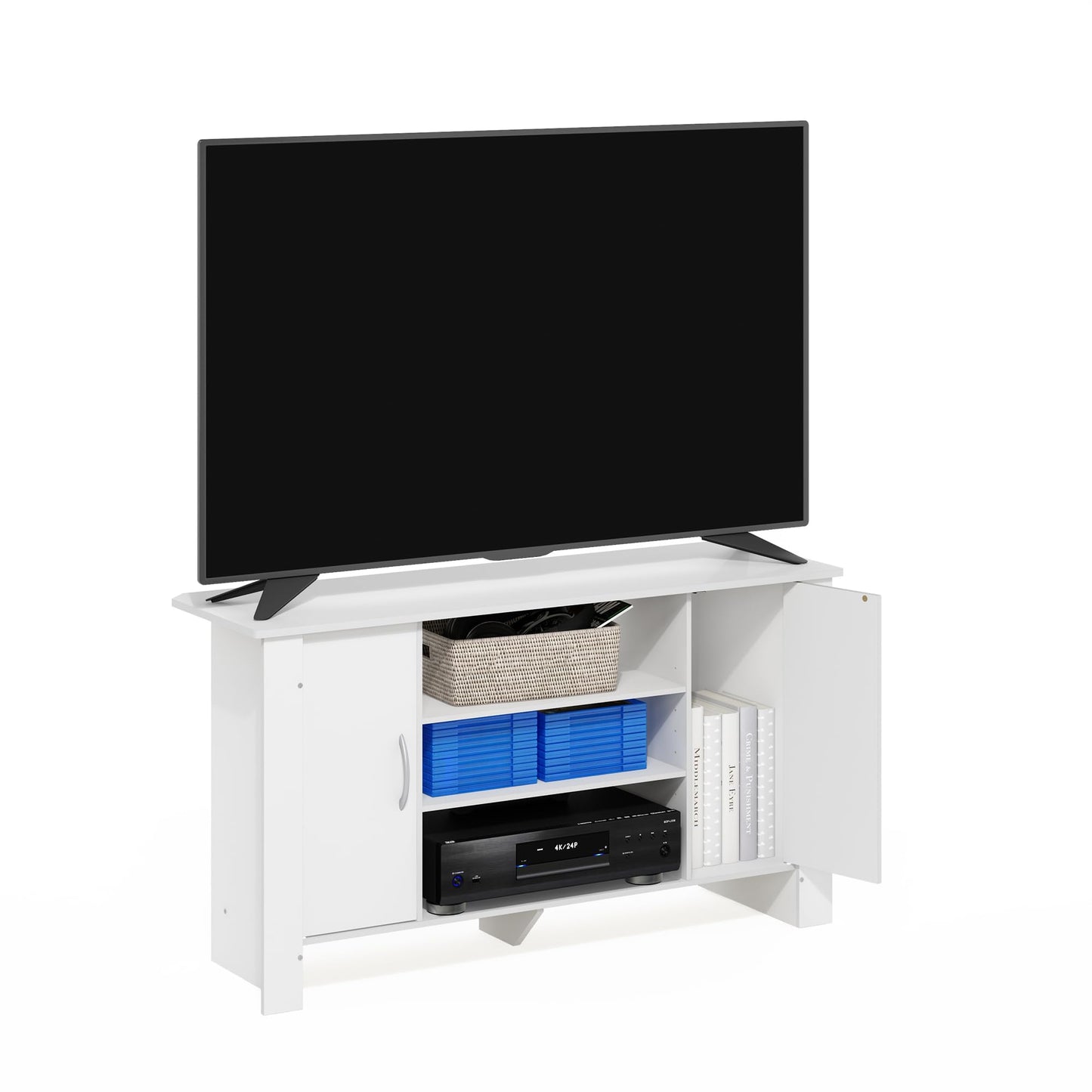Furinno ECON TV Stand, 4-Tier Entertainment Center with Adjustable Shelf, Open Back TV Console with Door Storage for TV up to 50 Inch, for Living Room, Bedroom, White