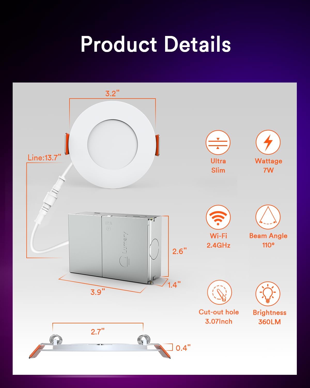 Lumary 3 Inch Smart LED Recessed Light, Ultra-Thin 7W WiFi Bluetooth Ceiling Downlight, Canless w/Junction Box, Whitie Shades Color Changing, Compatible with Alexa/Google/Remote-Not Included, 4 Pack