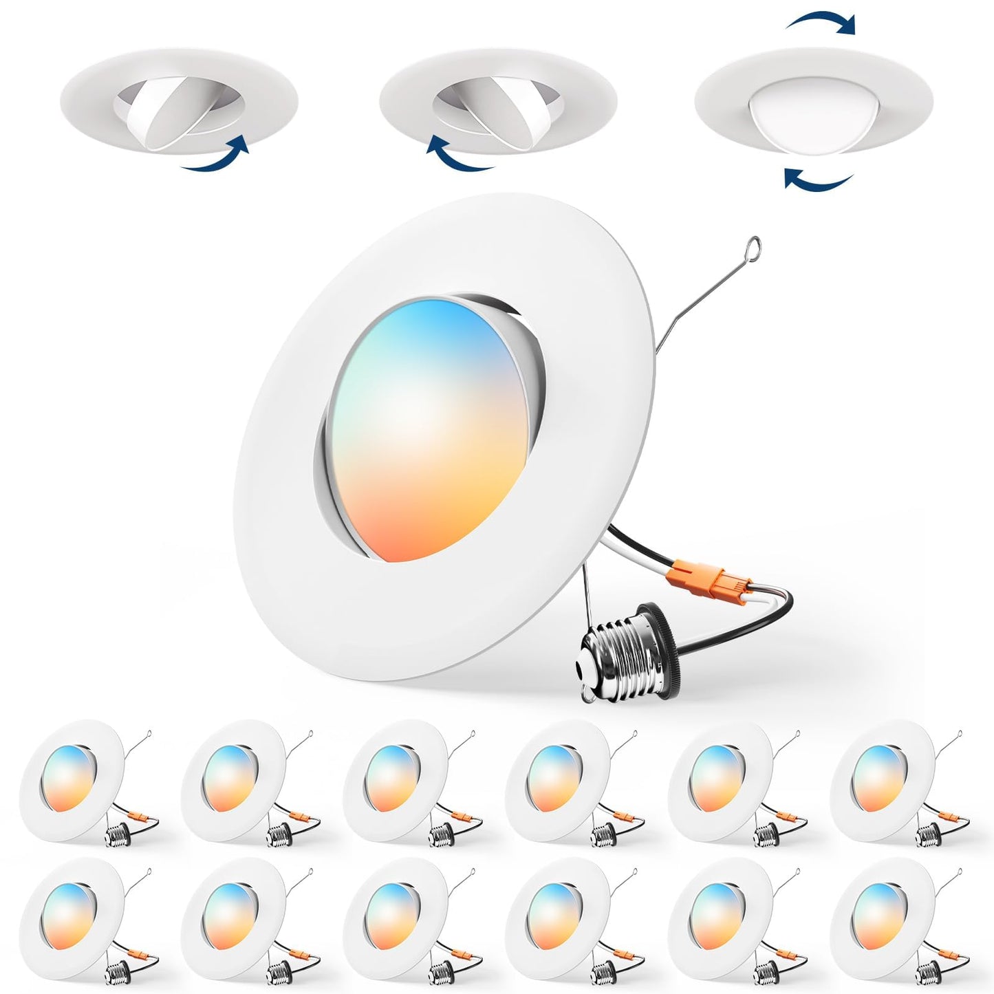 Amico 12 Pack 6 Inch Retrofit Eyeball Gimbal Can Lights, Adjustable Eyeball Directional 5CCT LED Recessed Lights, Dimmable, 2700K/3000K/3500K/4000K/5000K Selectable, 7W 650LM, ETL&FCC