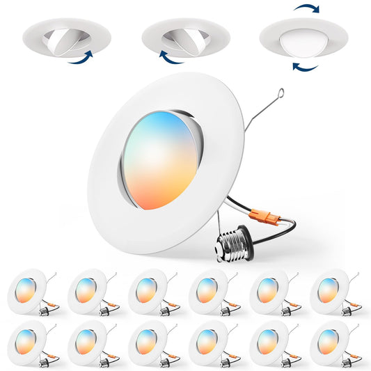 Amico 12 Pack 6 Inch Retrofit Eyeball Gimbal Can Lights, Adjustable Eyeball Directional 5CCT LED Recessed Lights, Dimmable, 2700K/3000K/3500K/4000K/5000K Selectable, 7W 650LM, ETL&FCC