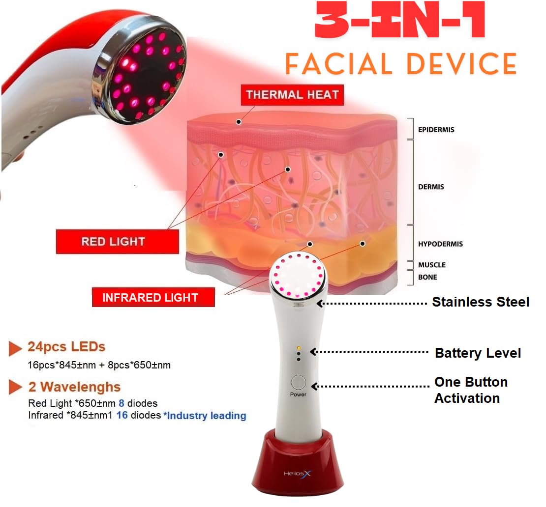 Helios X Red Light Therapy for Face 3-in-1 Infrared LED Light Therapy & Thermal Heating Facial Rejuvenation Massager Device for Anti-Aging, Improve Wrinkles, Texture/Age Spots Facial Light Therapy