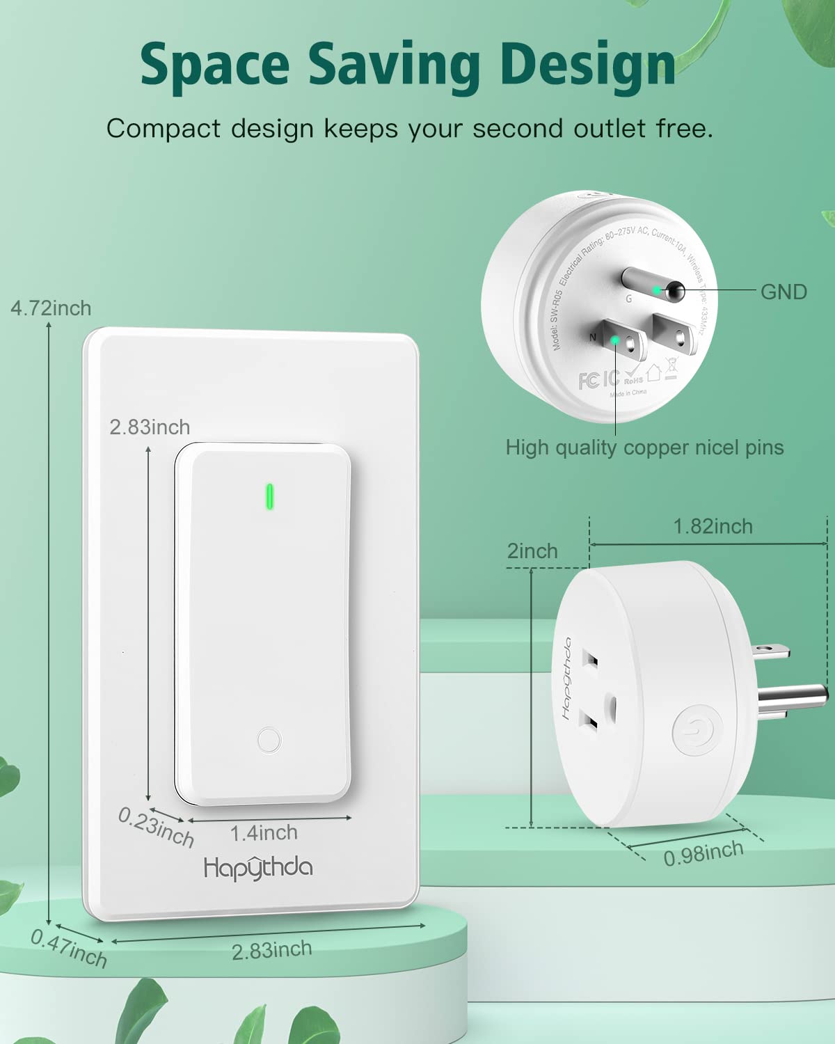 HAPYTHDA Remote Control Outlet, Wireless Wall Mounted Light Switch, 15A/1500W Remote Outlet for Light & Small Electrical Appliance, 300 Feet RF Range, Anti-Surge 4000V, 1 Remote and 2 Outlets