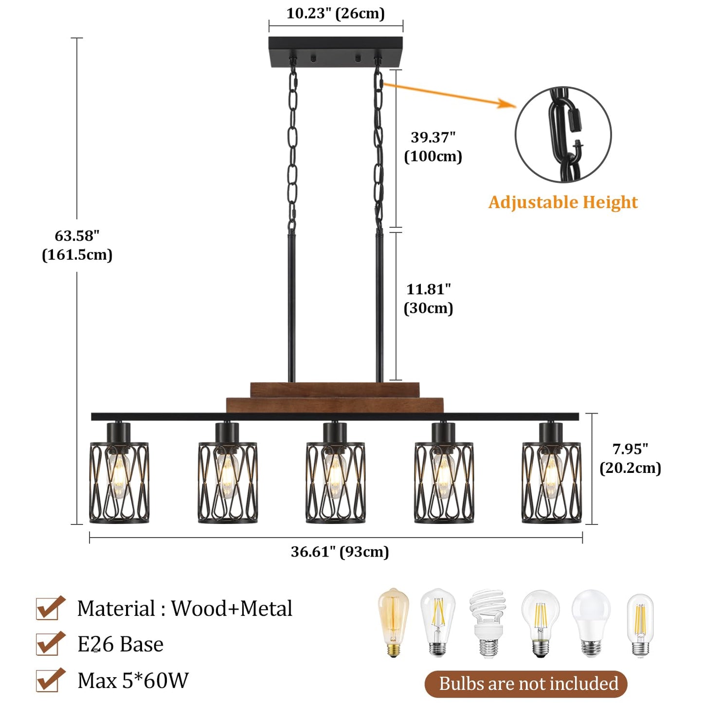 36.61'' Dining Room Light Fixtures Over Table,5-Light Farmhouse Kitchen Island Lighting Hanging with Metal Shade,Matte Black Rustic Wood Linear Pendant Island Light Fixtures for Dining Room Kitchen