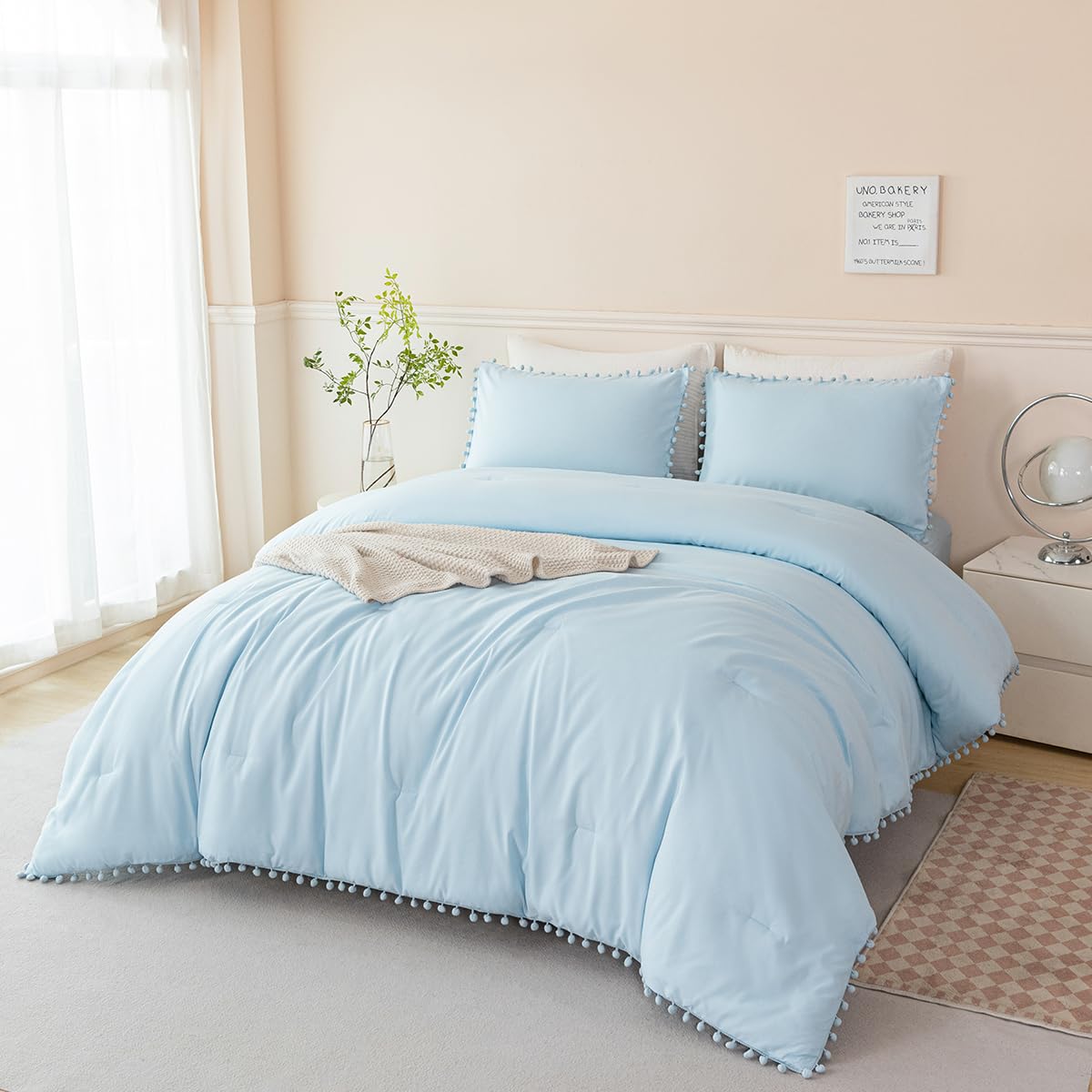 PERFEMET 5 Pieces Twin Bedding Sets Light Blue Pom Pom Comforter Set for Girls Boys Soft Fluffy Solid Boho Bed in A Bag with Comforter and Sheets(Light Blue, Twin)