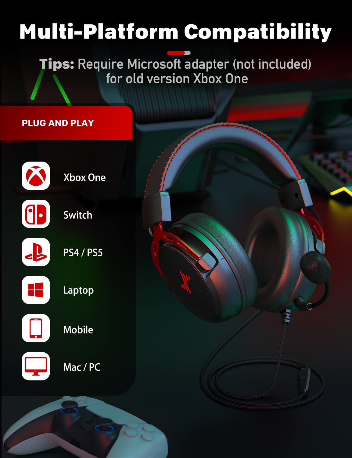 DEEBOX Gaming Headset for PC, PS5, PS4, Xbox, Gaming Headphone with Detachable Noise Canceling Mic, Wired Gaming Headsets 3.5mm for PC, Laptop, Mac & Nintendo NES Games