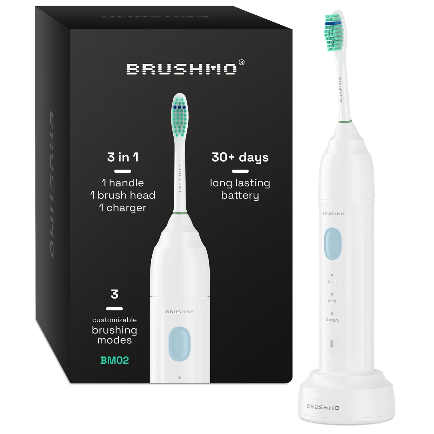 Brushmo e-Series Electric Sonic Toothbrush - Rechargeable Screw-On Electronic Tooth Brush for Adults with 3 Modes & Timer - IPX7 Waterproof, Long-Lasting Battery & Wireless Charging Base - White