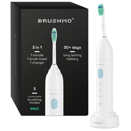 Brushmo e-Series Electric Sonic Toothbrush - Rechargeable Screw-On Electronic Tooth Brush for Adults with 3 Modes & Timer - IPX7 Waterproof, Long-Lasting Battery & Wireless Charging Base - White